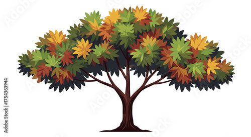 Stylized Tree with Autumnal Foliage in Green Yellow and Red.