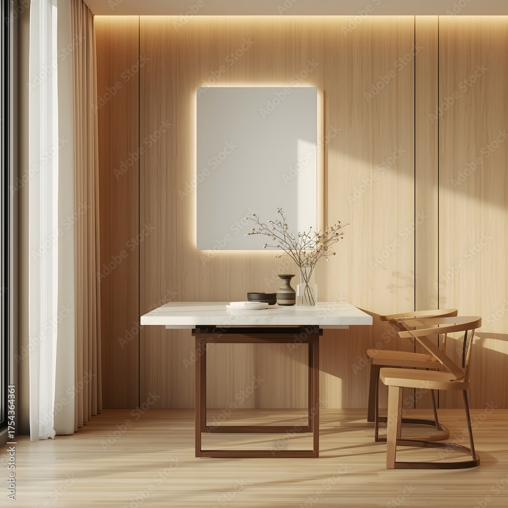 Fototapeta premium Minimal dining area with fold-down table and integrated smart lighting panel