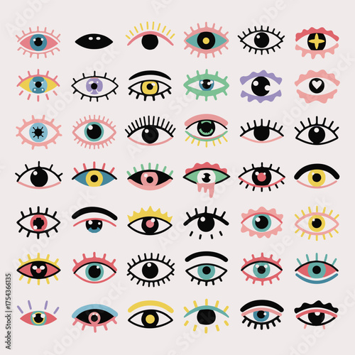 Collection of stylized colorful eyes with various expressions