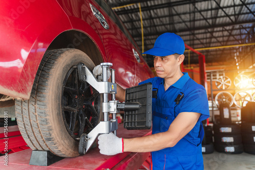 Εκτύπωση καμβά Skilled technician using alignment machine to adjust wheels on red car in auto r