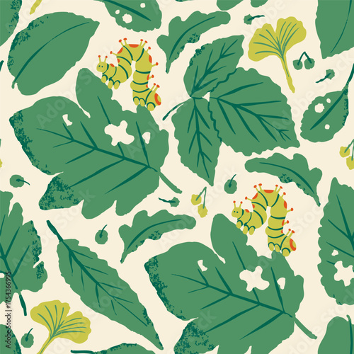 Various green leaves chewed by insects. Damaged leaves with holes due to being eaten by caterpillar. Insect on a leaf. Hand drawn modern Vector illustration. Square seamless Pattern, wallpaper