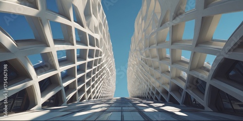 Futuristic geometric architecture with white lattice design against clear blue sky