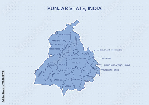 Punjab India map vector design showing state boundary outline and shape, ideal for education, tourism, culture, political maps, infographics, posters, and geographic illustrations.