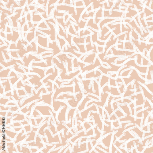 Abstract White Brushstroke Seamless Pattern on Light Peach Background. Expressive seamless pattern featuring irregular white brushstroke lines scattered on a soft peach background. Ideal for textile.