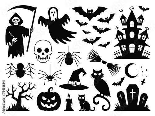 Spooky halloween silhouette vector graphics collection featuring grim reaper bats spiders haunted house and jack-o-lantern silhouette vector illustration white background
