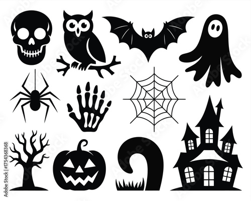 Collection of bold black silhouette halloween icons for vector graphics eps scalable design silhouette vector illustration white background