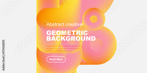 Bright abstract shapes, vibrant colors, geometric design. Text includes geometric background, plus sample text, button. Modern aesthetic.
