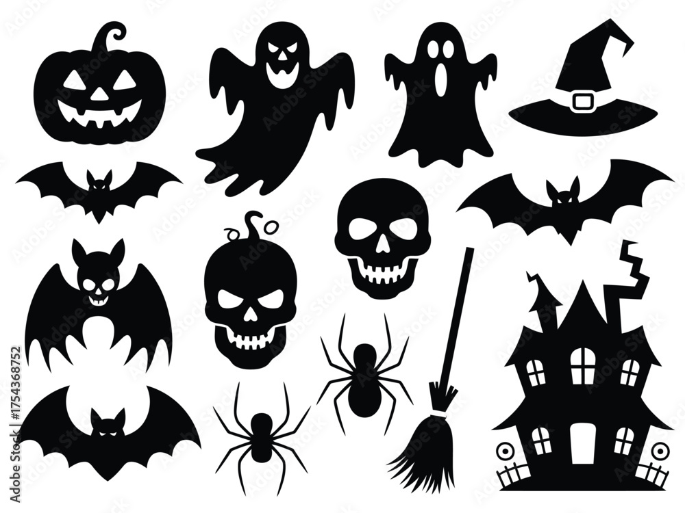 Fototapeta premium Halloween silhouette vector illustrations icons set spooky ghosts bats pumpkins skulls witch hat spiders broom castle silhouette vector illustration white background