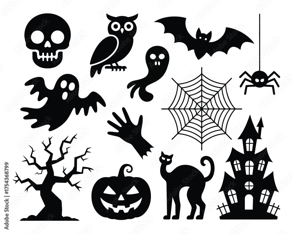 Fototapeta premium Halloween vector graphics collection spooky icons for festive design and decoration silhouette vector illustration white background