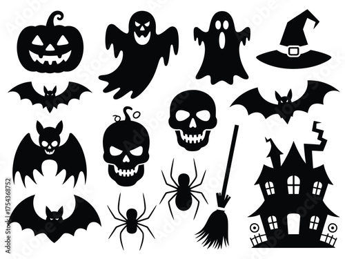 Halloween silhouette vector illustrations icons set spooky ghosts bats pumpkins skulls witch hat spiders broom castle silhouette vector illustration white background
