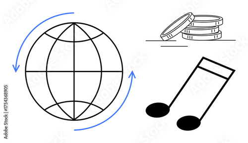 Globe with arrows, stacked coins, and a musical note symbolize global music trade, economy, and digital streaming. Ideal for finance, sustainability, globalization, creativity digital economy