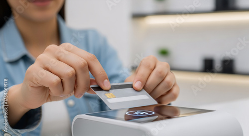 Payment process with credit card being tapped on contactless terminal in modern retail store. Customer-centric payment experience includes fast and secure transactions using credit card technology.