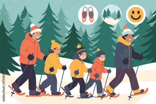 Snowshoe Forest Adventure Vector Banner – Family Snowshoeing Through Winter Pine Forest with Outdoor Recreation and Winter Sports Icon Set