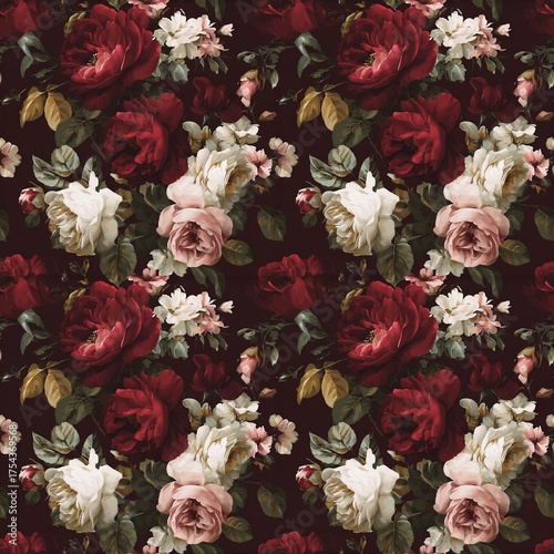 Seamless rose bouquet pattern, dark red and blush pink, vintage style, high-resolution fabric  background  