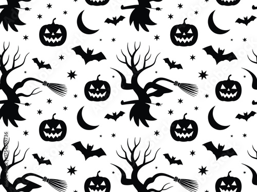 Seamless halloween pattern vector illustration featuring spooky pumpkins bats witch brooms and crescent moons for festive design silhouette vector illustration white background