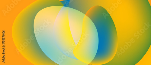 Abstract shapes overlap, creating vibrant color gradients. Yellows, blues, greens blend seamlessly. Smooth transitions define fluid forms.