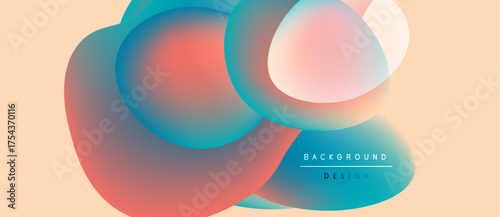 Abstract fluid shapes overlap, creating vibrant color gradients. Peach background complements blue, pink, orange hues. Modern design element.