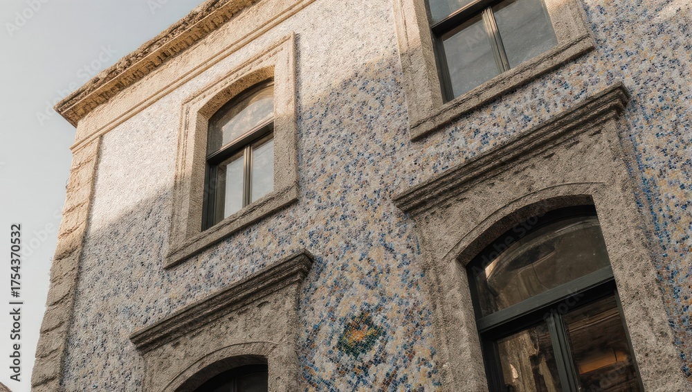 Fototapeta premium Facade of an old building with windows and textured walls.