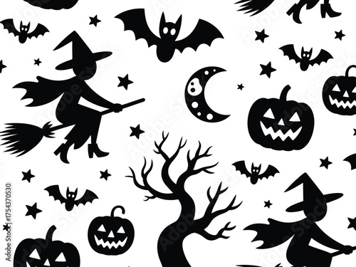 Seamless halloween vector illustration pattern of witches bats pumpkins and spooky trees for eps design silhouette vector illustration white background