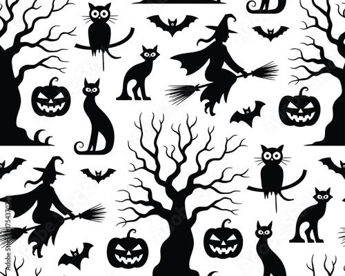 Seamless black and white halloween pattern illustration vector scalable eps icon graphic design element silhouette vector illustration white background