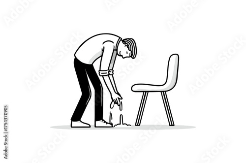 Person interacting with chair black and white illustration