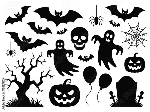 Vector halloween silhouettes collection spooky ghosts bats pumpkins spiders and haunted tree illustration silhouette vector illustration white background