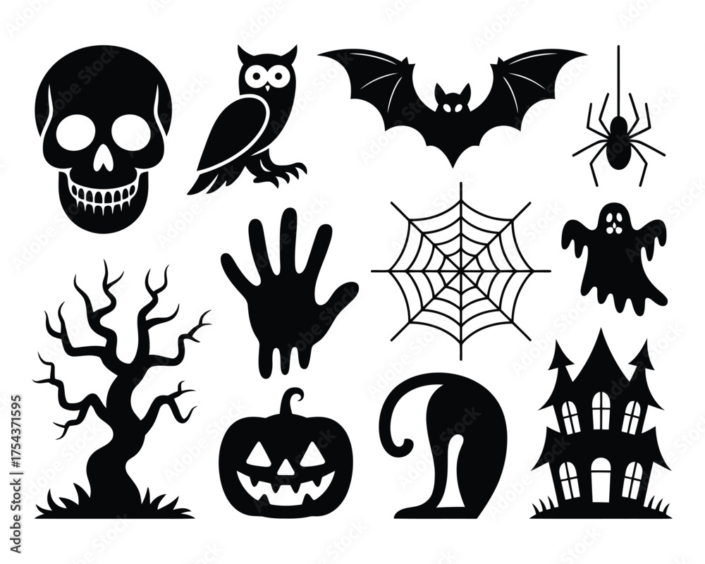 Fototapeta premium Spooky halloween vector graphics collection featuring skull owl bat spider and haunted house elements for design silhouette vector illustration white background