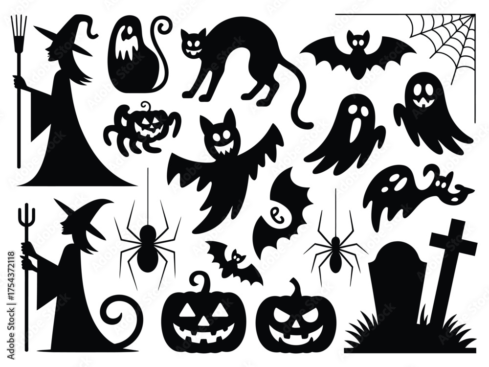 Fototapeta premium Spooky halloween silhouette vector graphics collection witch cat ghost pumpkin bat spider icon eps scalable silhouette vector illustration white background
