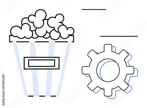 Popcorn bucket and gear side by side representing entertainment, creativity, industry, production. Ideal for media, cinema, innovation, marketing, teamwork startups simple flat metaphor