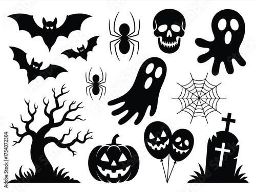 Collection of black halloween themed vector graphics and icons for spooky season designs silhouette vector illustration white background