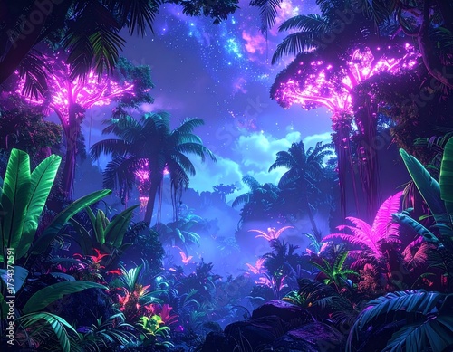 Lush alien jungle glowing with neon plants and bioluminescent trees, deep fog and starlight sky, magical fantasy world, highly detailed 3D rendering