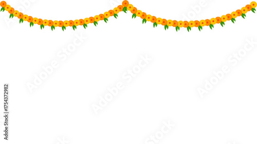 Diwali Indian festival of light decoration with marigold flower garland isolated on white, transparent background