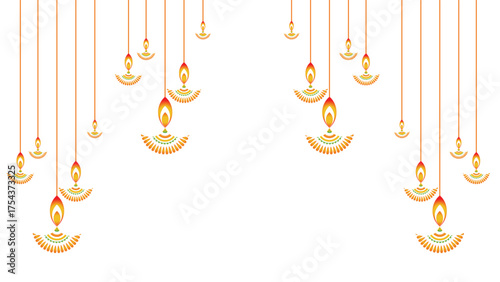 Red and yellow vibrant hanging Diwali Diyas isolated on white, transparent background