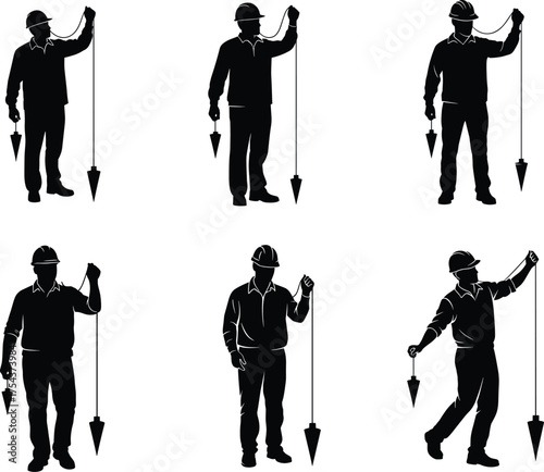 Construction workers using plumb bob tool for vertical alignment, silhouette i