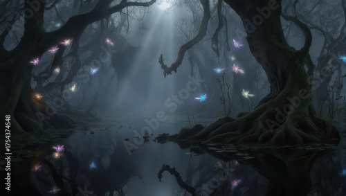 Enchanted Forest with Fireflies and Misty Atmosphere.
