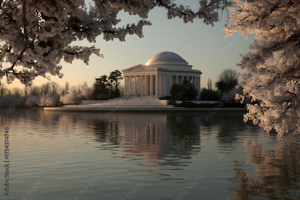 Obraz premium Serene Cherry Blossom Reflection at Jefferson Memorial During Golden Hour in Washington D.C.