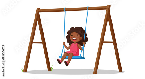 Happy African-American Girl Swinging on a Blue Swing Set.