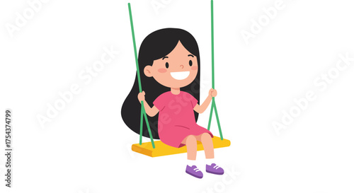 Cartoon Girl with Black Hair Enjoying a Swing Ride.