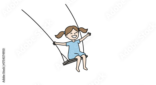 Cartoon Girl with Ponytails Swinging Happily on a Swing.