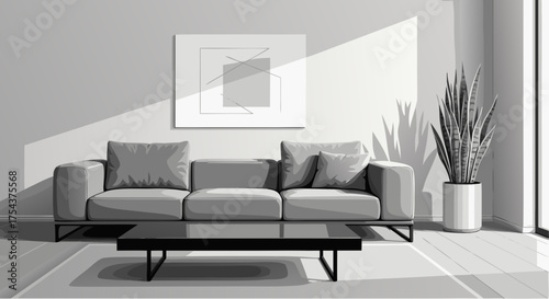 Modern Grey Living Room Interior with Minimalist Decor