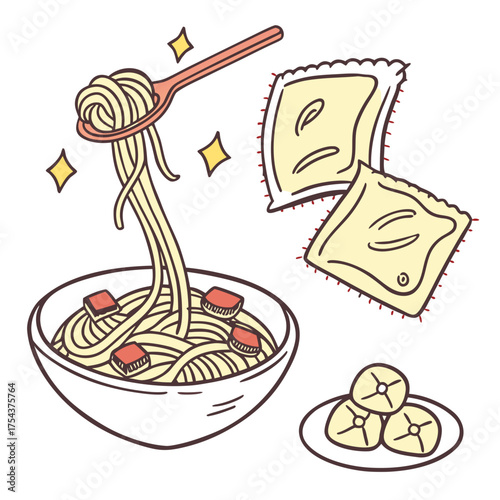 Cartoon illustration of pasta with spoon, ravioli, and dumplings
