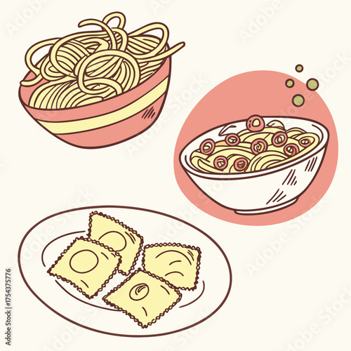 Cartoon illustration of pasta and ravioli dishes