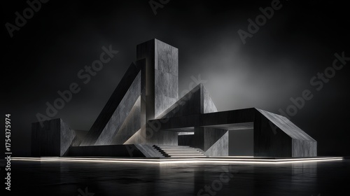 Dark and Dramatic Abstract Geometric Architectural Structure with Luminous Lines