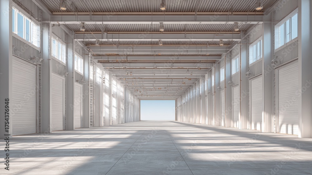 Fototapeta premium Spacious Empty Modern Logistics Hub or Industrial Warehouse Interior
