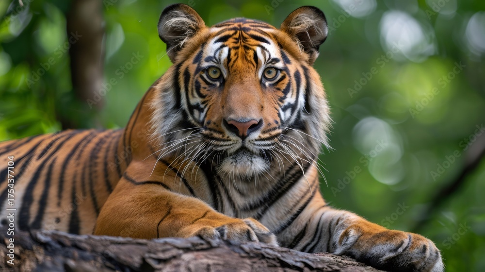 Fototapeta premium Tiger resting on tree trunk watching camera