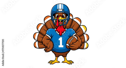A cartoon turkey wearing a blue football helmet and jersey with the number 1, holding a football, isolated on transparent background