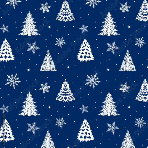 White stylized Christmas trees on a blue background with snow.Vector seamless pattern with white stylized Christmas trees and snowflakes on a blue background.