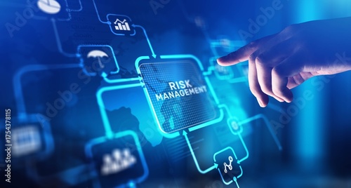 Risk Management Identifying and Mitigating Business Risks, projection on a virtual screen, Business and Technology Concept.