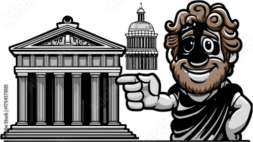 Cartoon character pointing at classical buildings illustration