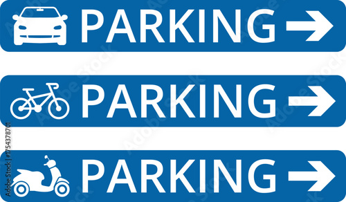 Blue square parking sign with white letter P. Car parking icon, car parking area sign. Car, bus, trolleybus, truck, bike, motorbike, scooter parking icon, linear sign isolated Vector or PNG